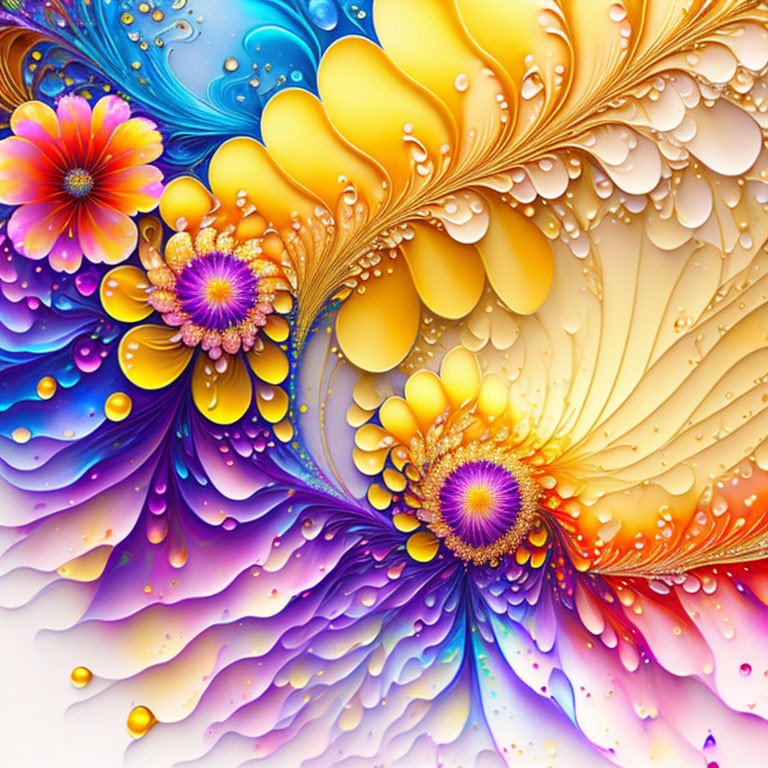 Colorful Abstract Floral Digital Artwork in Yellow, Blue, and Purple