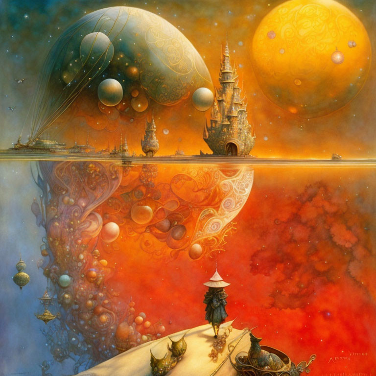 Colorful surreal landscape with floating orbs, castle on sphere, and figure.