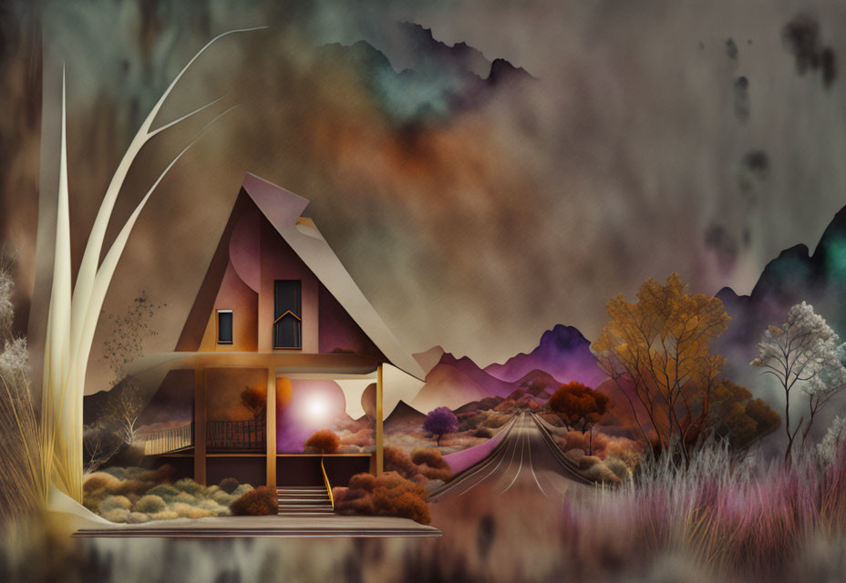 Stylized artwork of house with triangular roof in purple mountain landscape