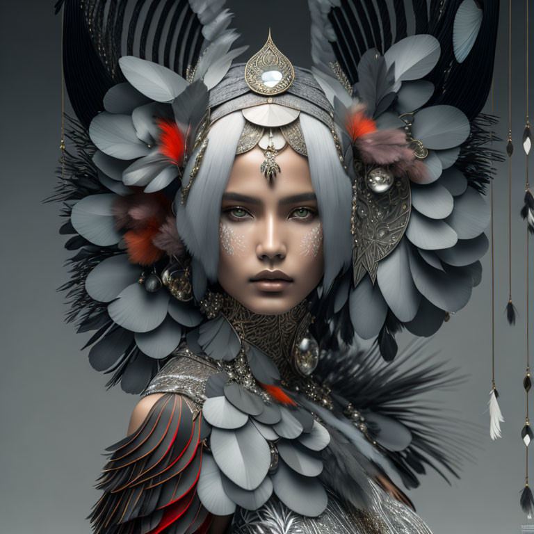 Elaborate headdress with feathers, jewels, and metallic ornaments portrait.