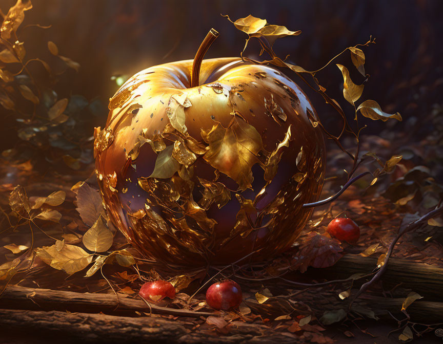 Golden apple with swirling hole among fallen leaves and red apples, illuminated by warm light