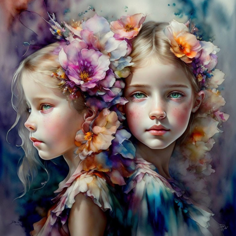 Ethereal digital art: two girls with floral wreaths, soft colors