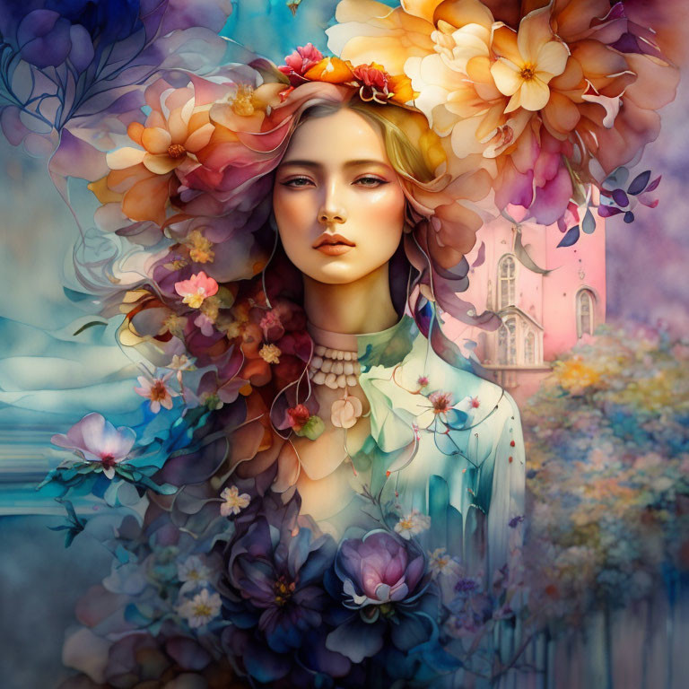 Colorful Floral Portrait of Woman in Surreal Church Setting