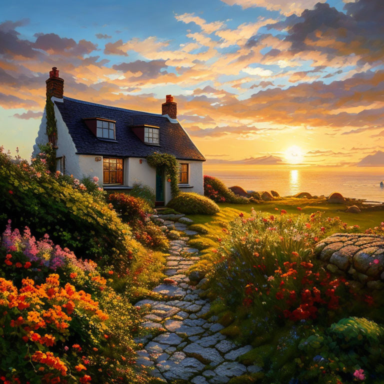 Cozy cottage with flower-lined path and sea sunset view