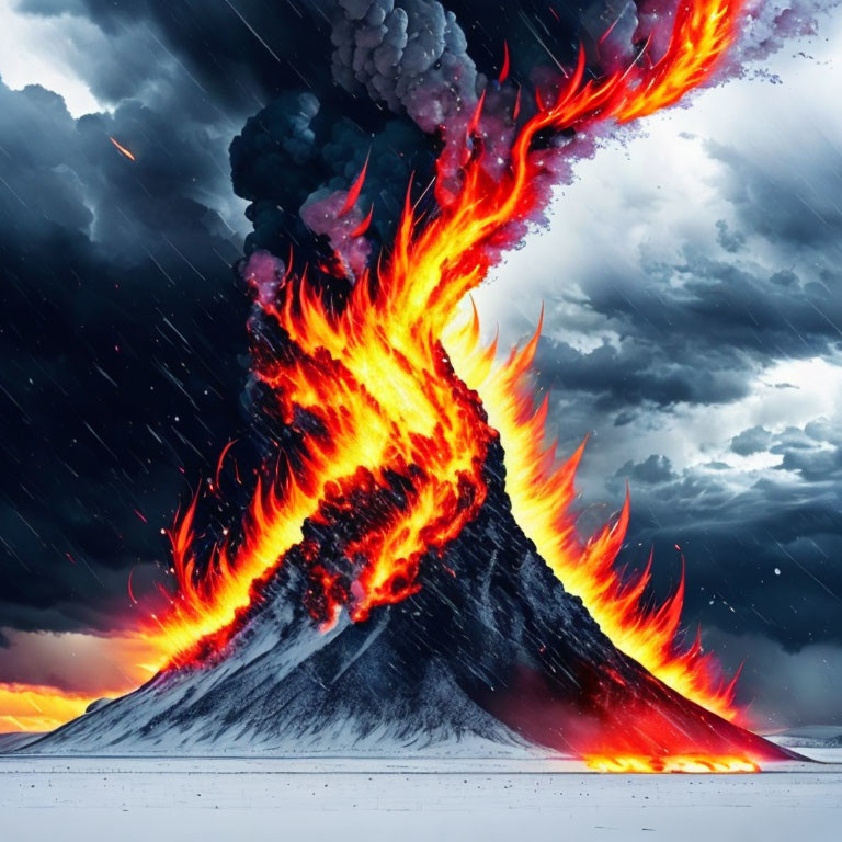 Volcano eruption spewing fiery lava under stormy sky