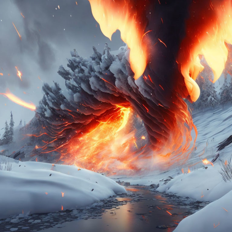 Volcanic eruption in snowy landscape with ash plume and lava river