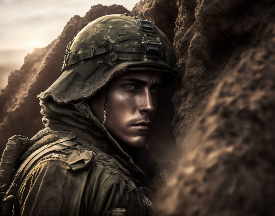 Focused soldier in combat gear against rocky backdrop