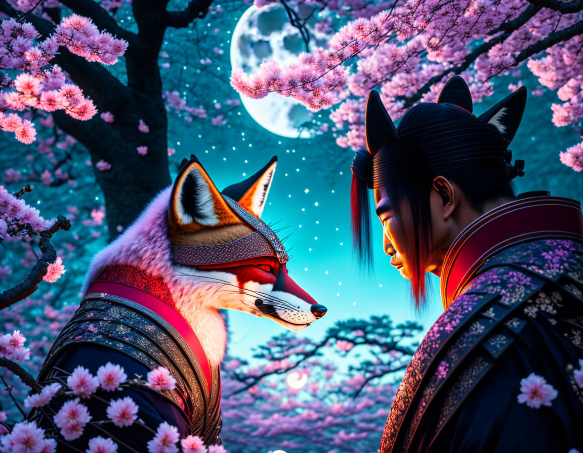 Illustration of person in samurai attire with fox under cherry tree and full moon