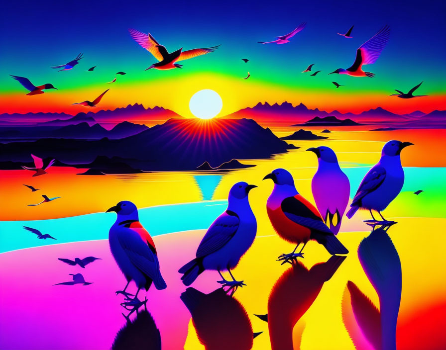 Vibrant sunset with birds in silhouette over mountains and water