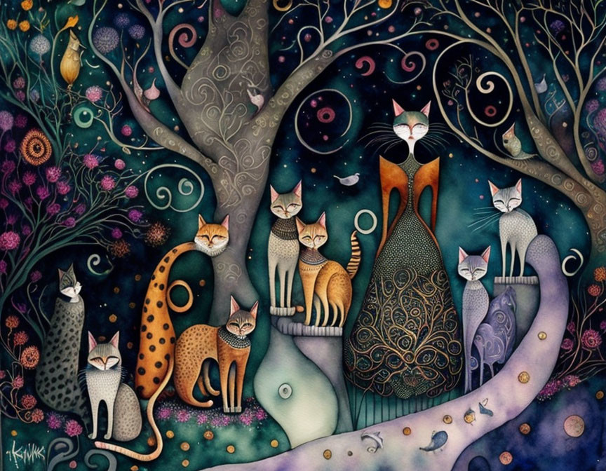 Stylized cats in magical moonlit garden scene