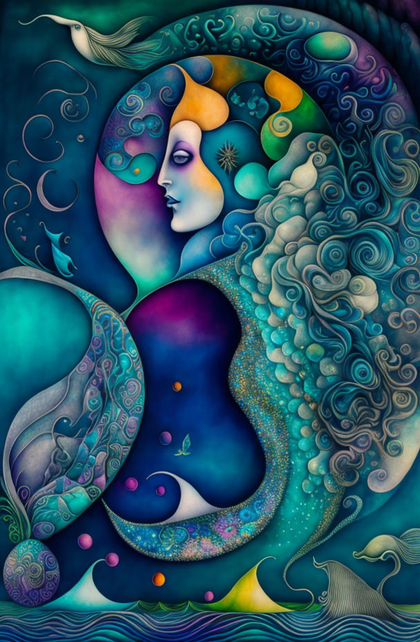 Vibrant artwork of female figure with cosmic and oceanic theme