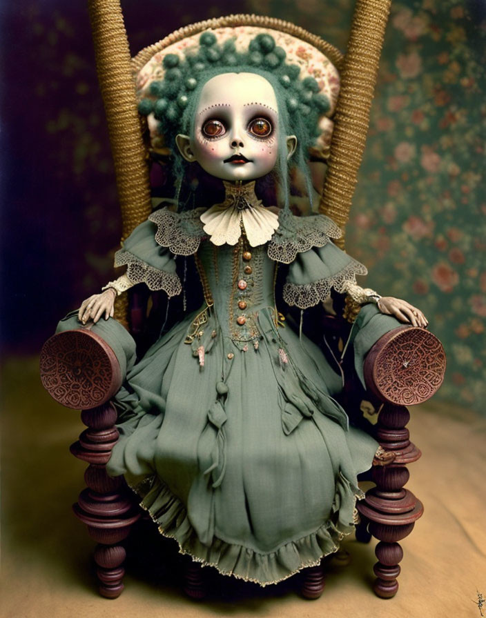 Vintage Doll in Green Dress with Haunting Eyes