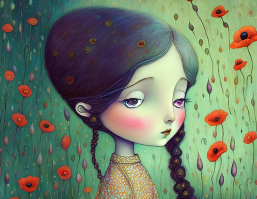 Whimsical girl with large eyes surrounded by red poppies on green background