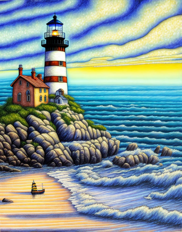 Striped lighthouse illustration on cliff with sunset sky and choppy sea waves