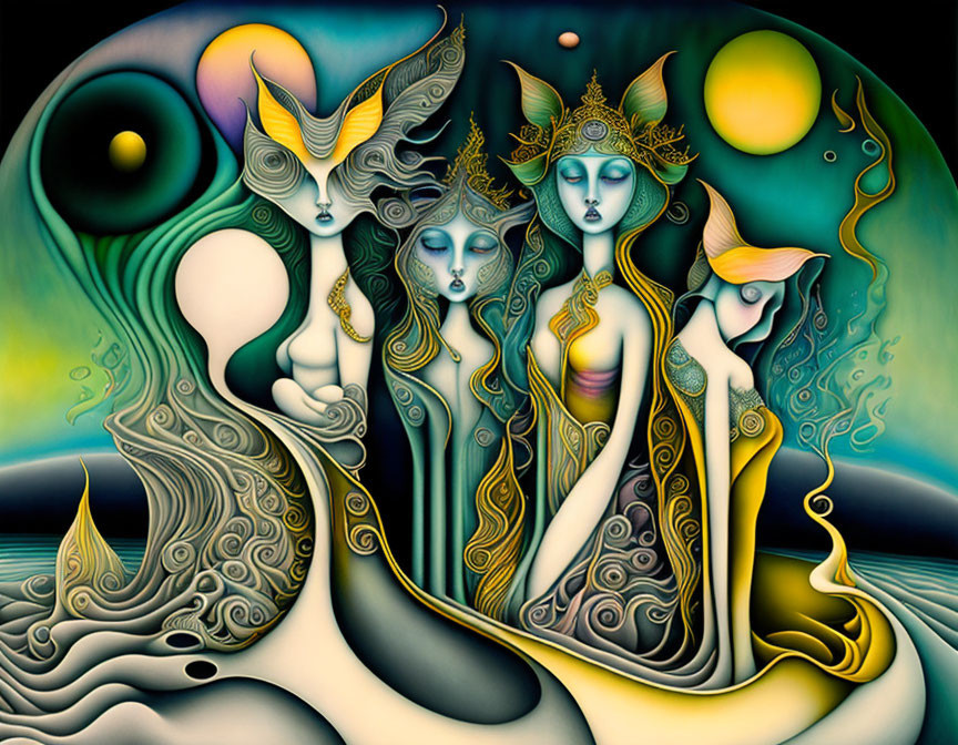 Surreal fantasy painting with four elongated female figures and celestial backdrop