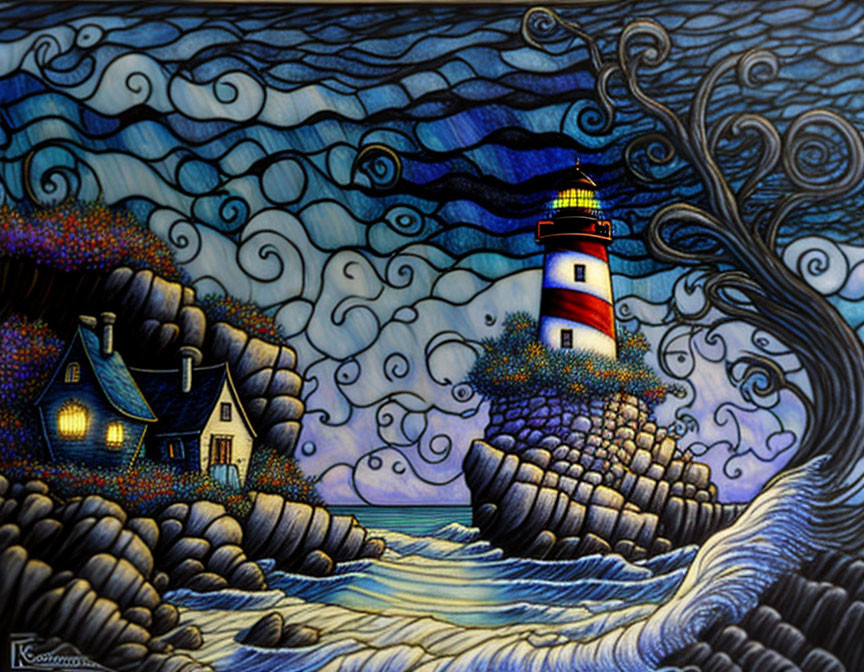 Seaside scene with lighthouse, house, and swirling sky pattern