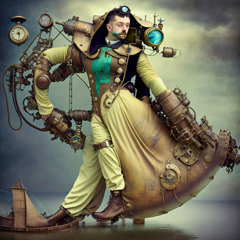 Steampunk diving suit with brass details and goggles above miniature ship