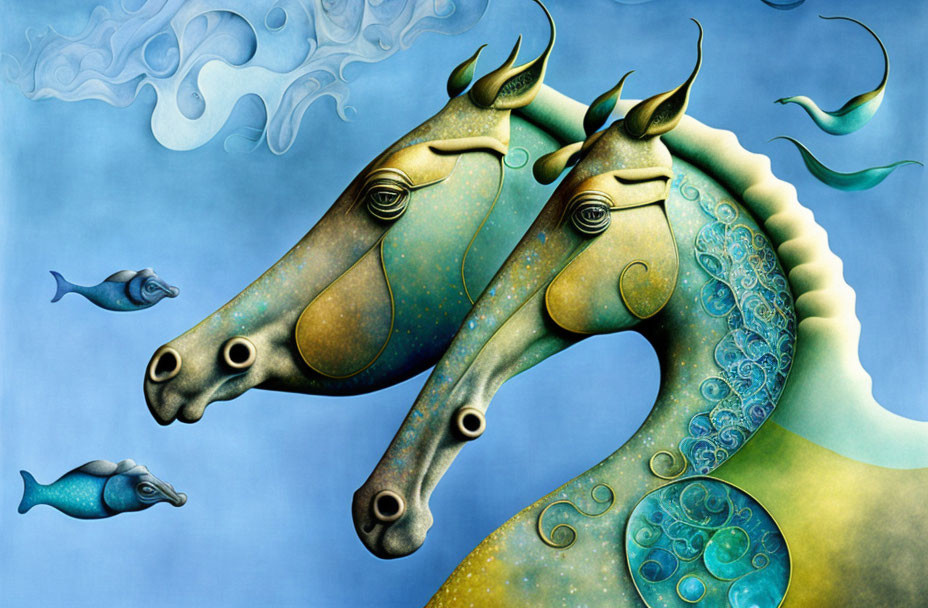 Surreal Artwork: Stylized horses with fish-like features on blue backdrop