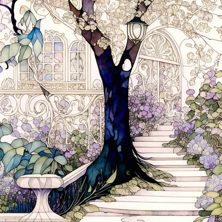 Whimsical illustration of tree, lamp post, stairs, house, and vibrant foliage