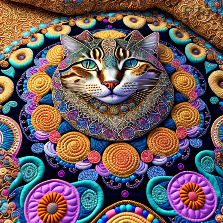 Colorful Psychedelic Cat Face with Floral Mandala Background