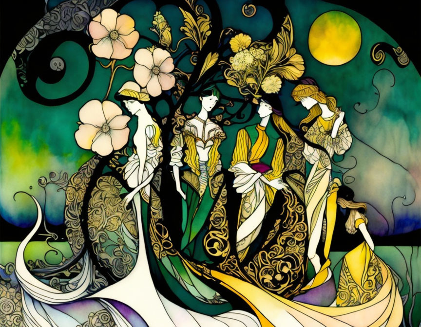 Art Nouveau Style Illustration with Elegant Figures and Floral Patterns