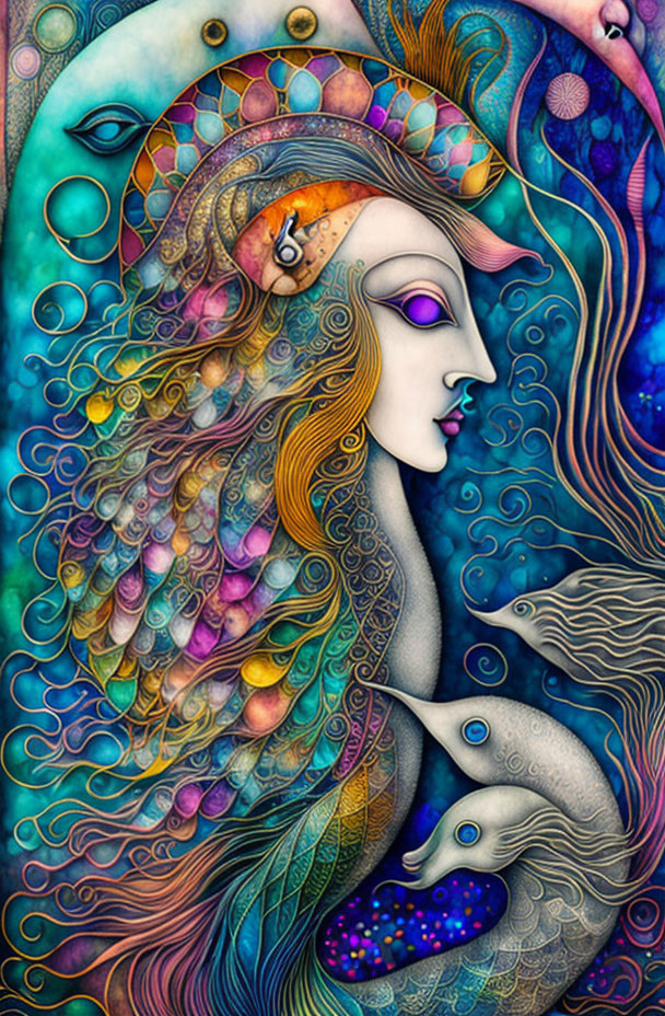 Colorful illustration of a stylized woman with fish-like features and intricate ocean-themed patterns.