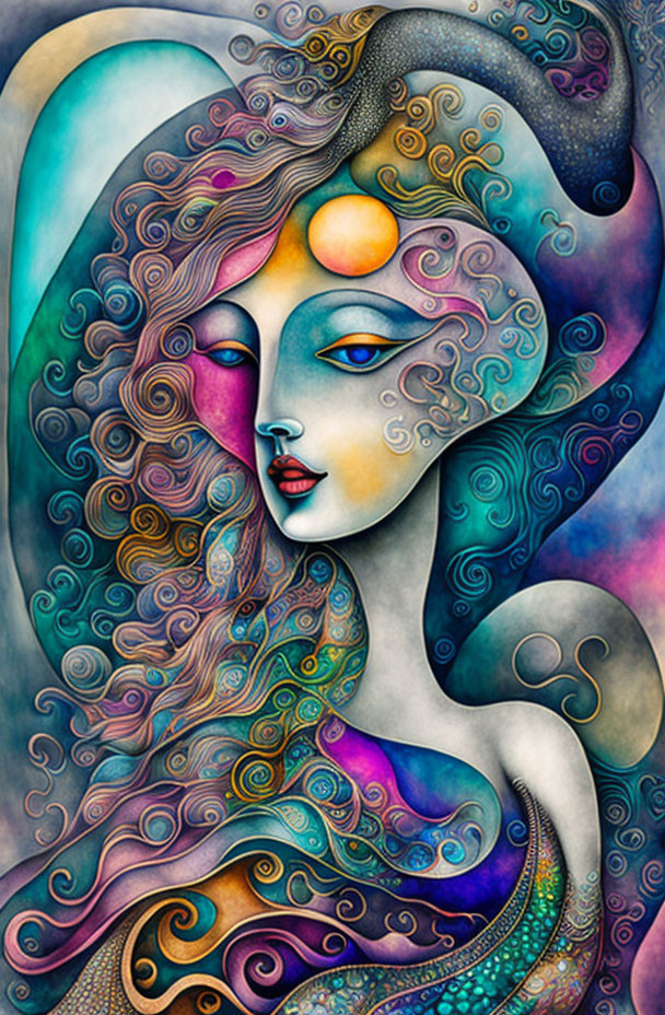 Vibrant illustration of female figure with swirling patterns in blue, purple, and yellow