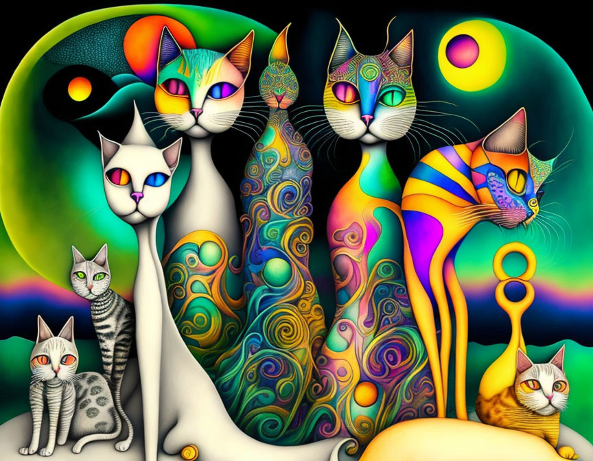 Vibrant cats with intricate patterns on whimsical celestial background