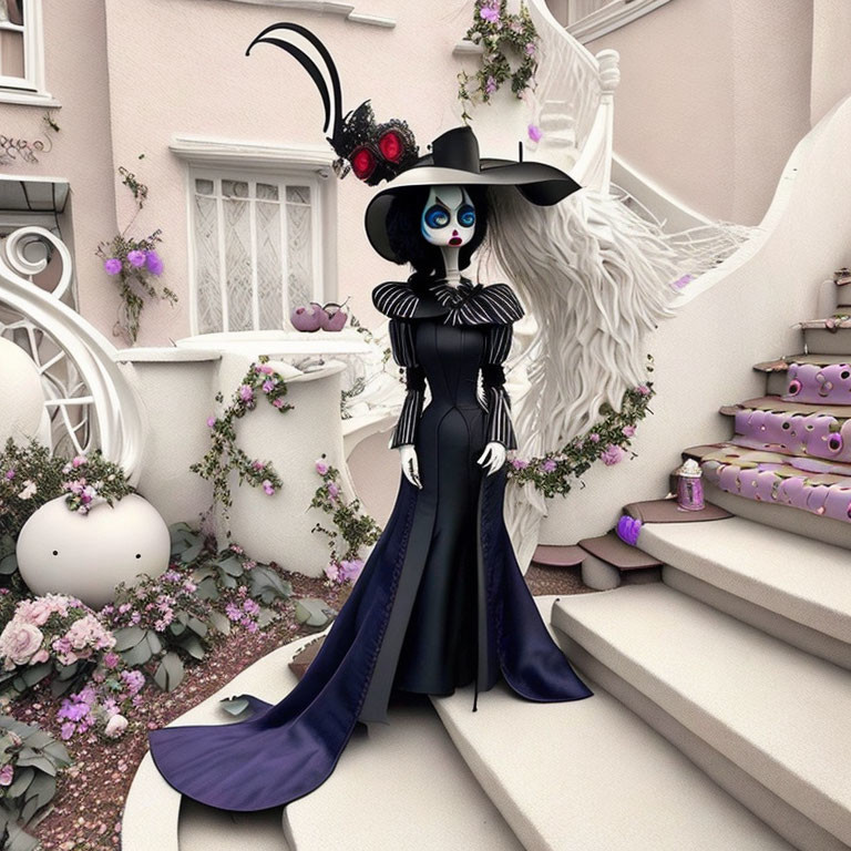 Blue-skinned animated character in elegant black dress with angel wings and flowered hat in pink and white