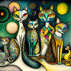 Vibrant cats with intricate patterns on whimsical celestial background