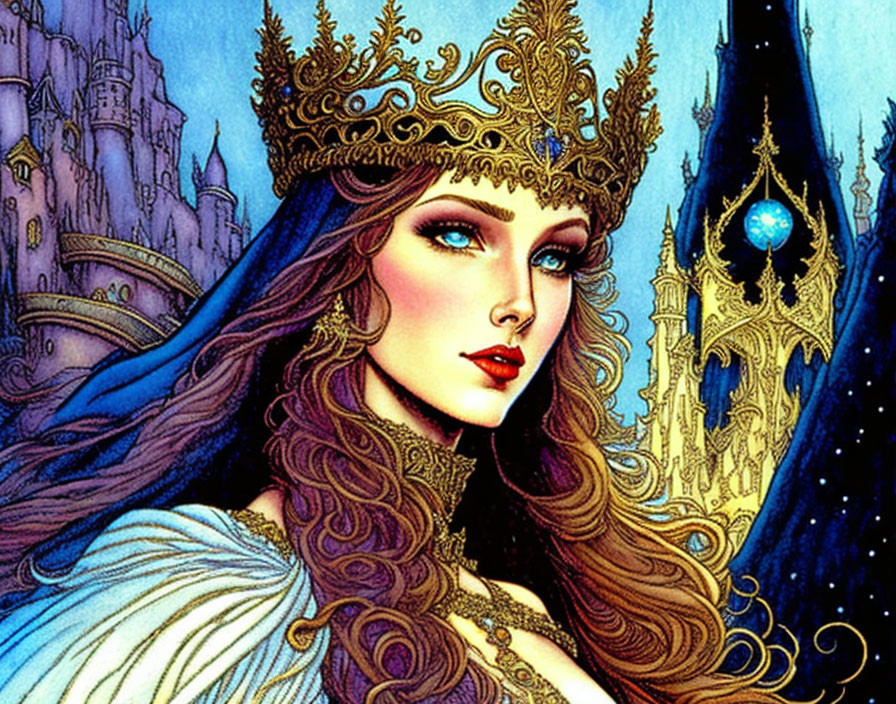 Fantasy queen with golden crown and castle backdrop illustration