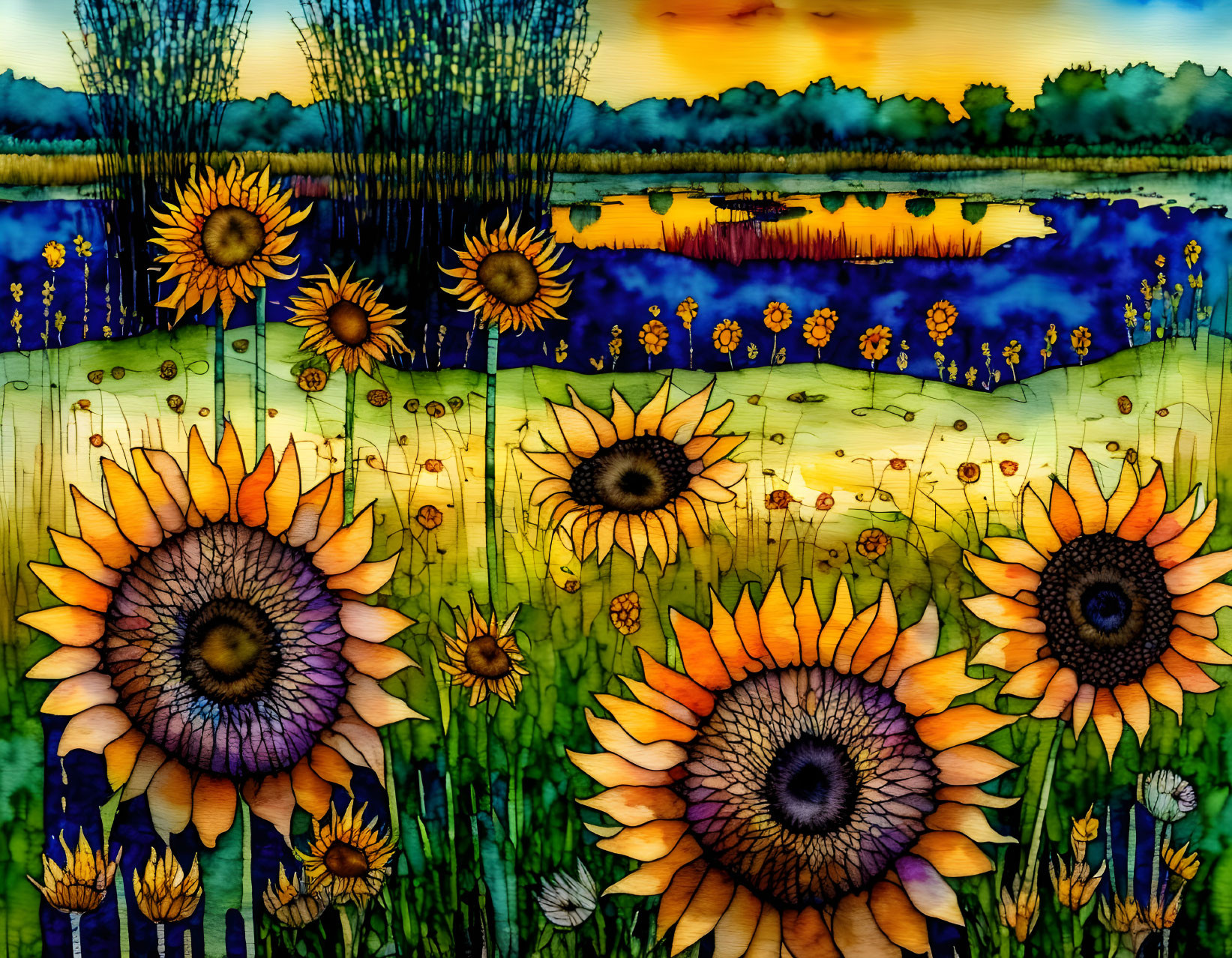 Vibrant sunflower field in stained glass style