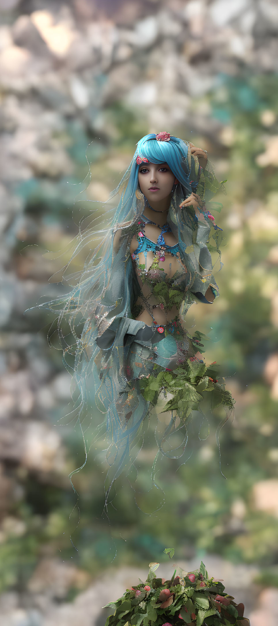 Fantasy artwork: Woman with blue hair in floral dress against nature backdrop