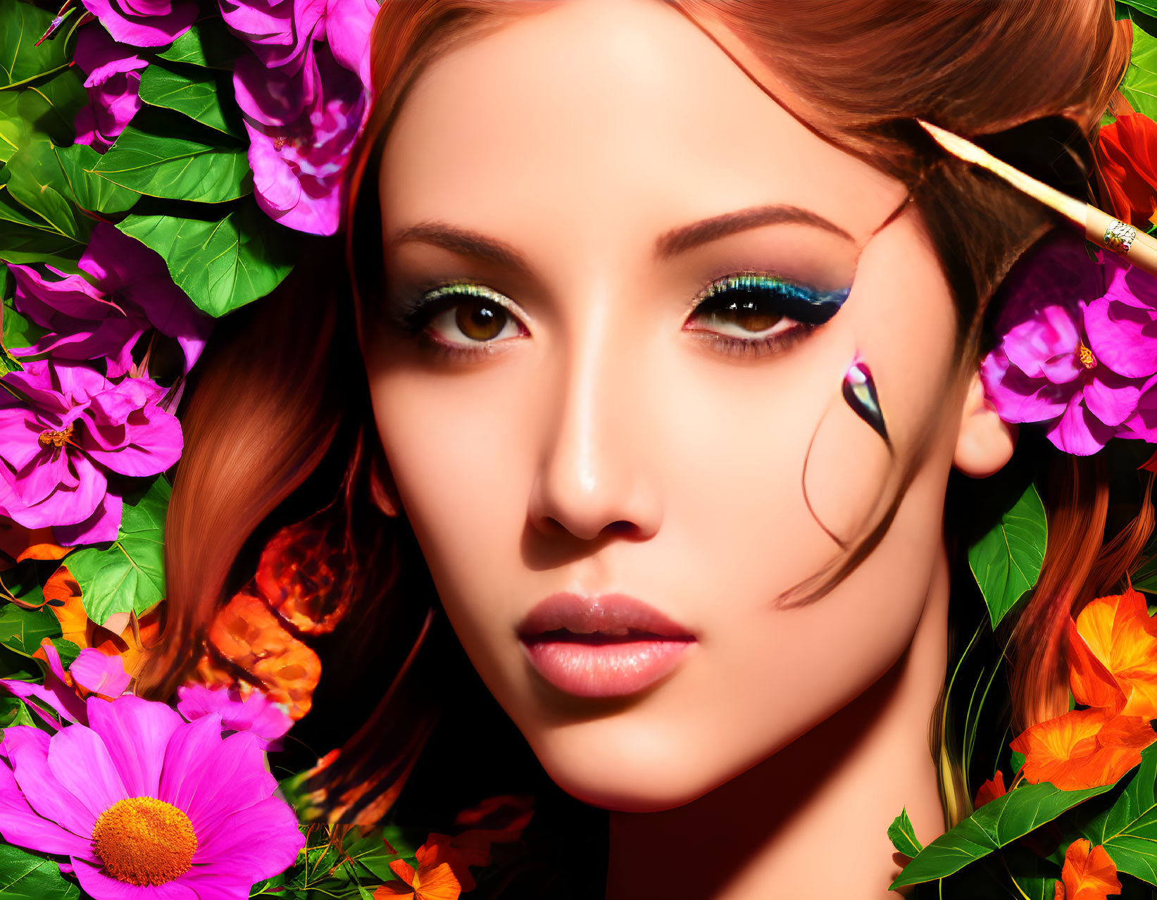 Portrait of a Woman with Striking Green Eyes and Colorful Flowers