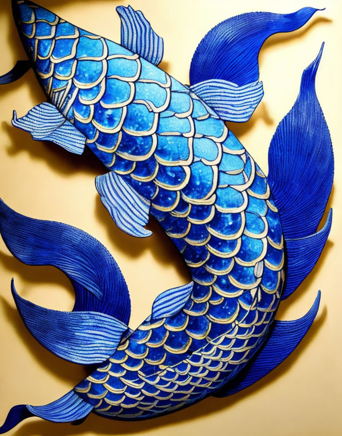 Blue and Gold Paper Art Fish with Intricate Scales on Tan Background