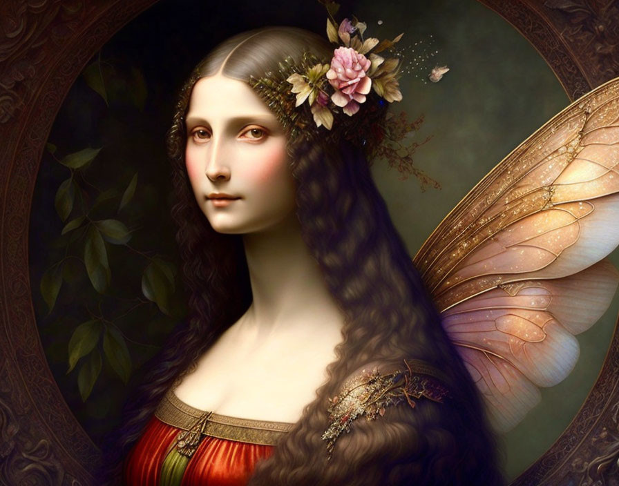 Digital painting of woman with long dark hair, flowers, red dress, and butterfly wings