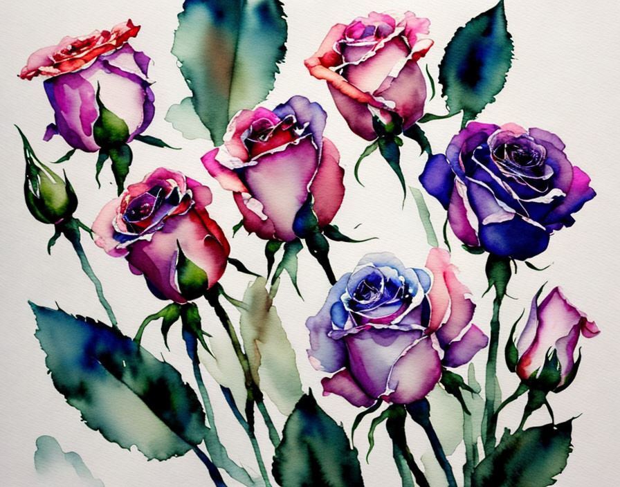 Vibrant Watercolor Bouquet with Pink, Purple, and Blue Roses