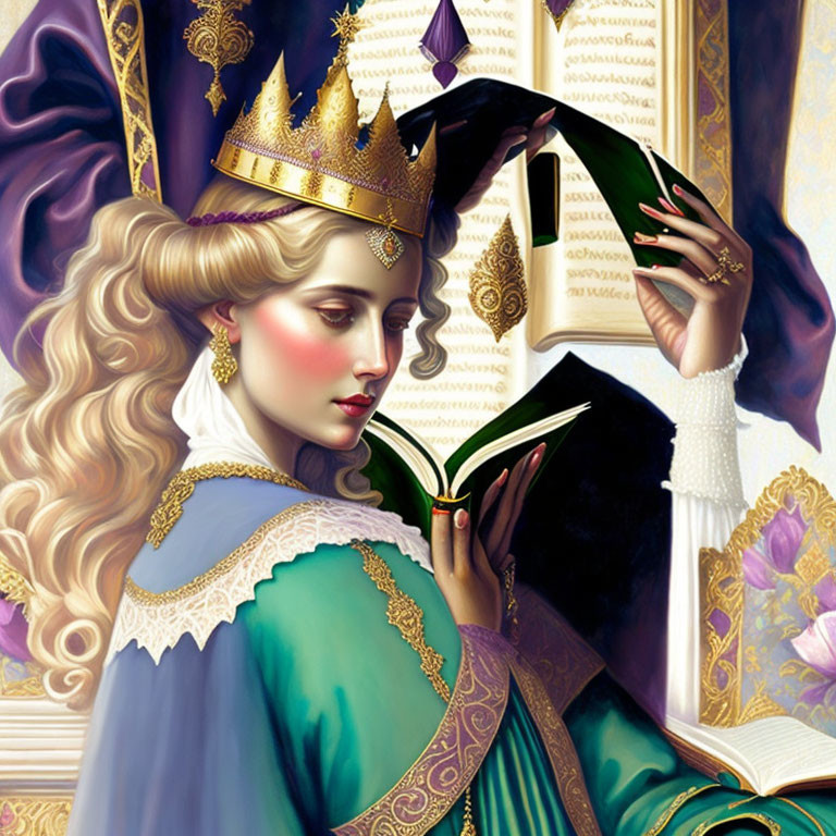 Regal woman with golden crown reading book in green attire