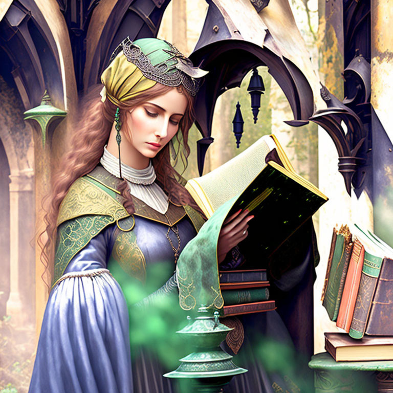 Medieval woman reading book in elegant library setting