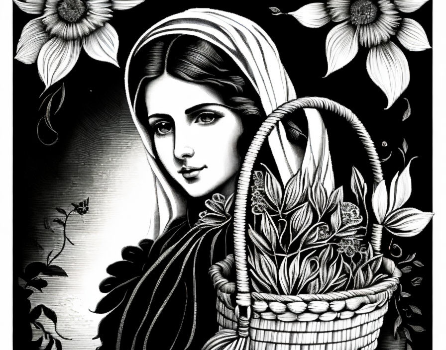 Serene woman with headscarf holding flowers in monochromatic illustration