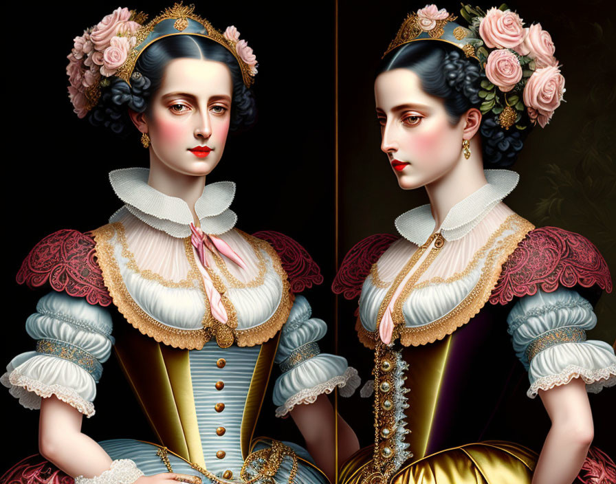 Stylized portraits of woman in historical dresses with intricate embroidery