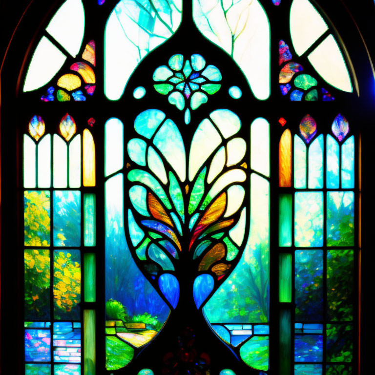 Symmetrical leafy design in vibrant stained glass window