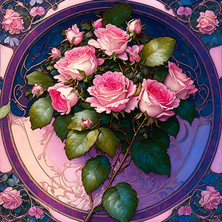 Pink Roses Bouquet in Circular Ornate Frame on Purple Background