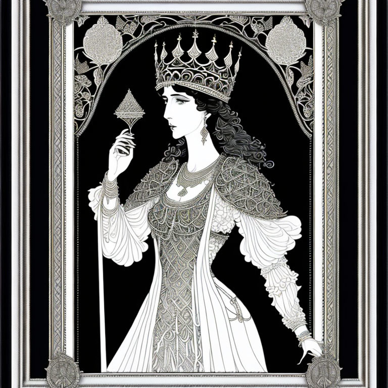 Monochrome illustration of elegant queen with scepter in decorative frame