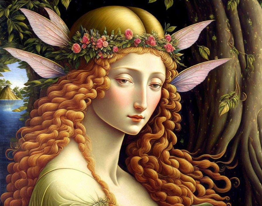 Detailed painting: Fairytale-like female with auburn hair, pointed ears, floral tiara