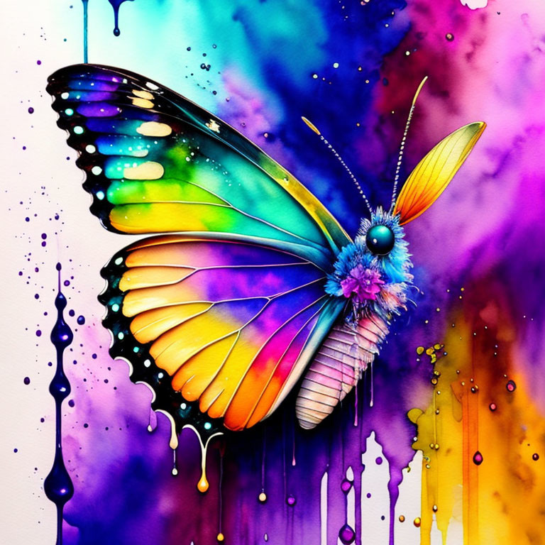 Colorful Butterfly Watercolor Illustration with Dripping Paint Splashes