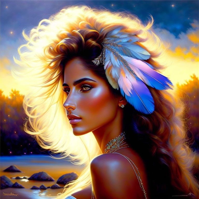 Digital portrait of woman with luminous skin and feathered hair in twilight setting