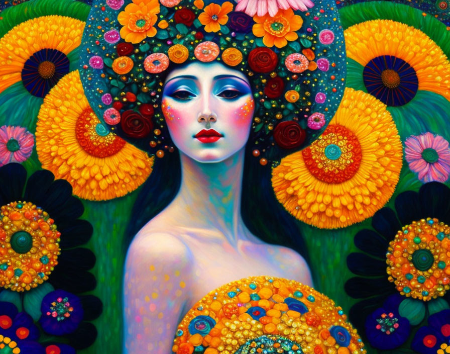 Vivid blue-skinned woman amidst colorful floral and feather patterns