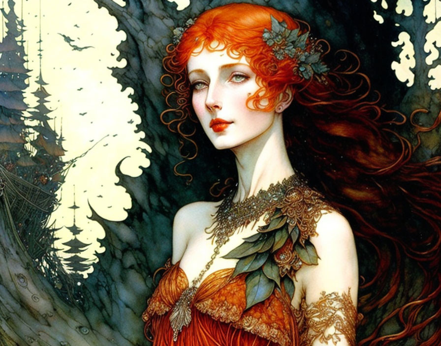 Illustrated red-haired woman with serene expression and leaf-adorned hair in detailed orange dress