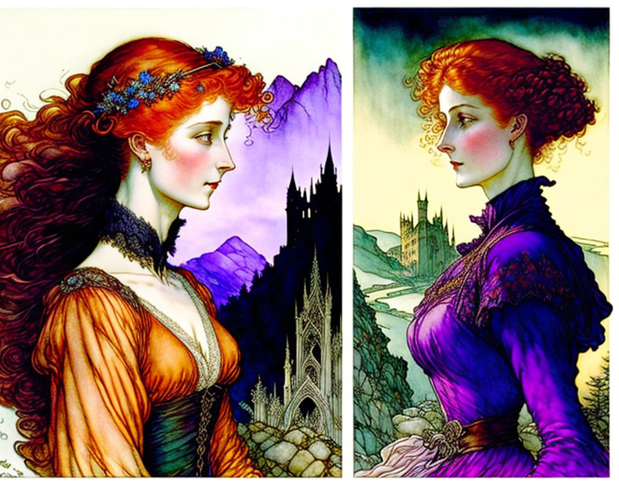 Two women with red hair in medieval dresses against fantasy castle backdrop